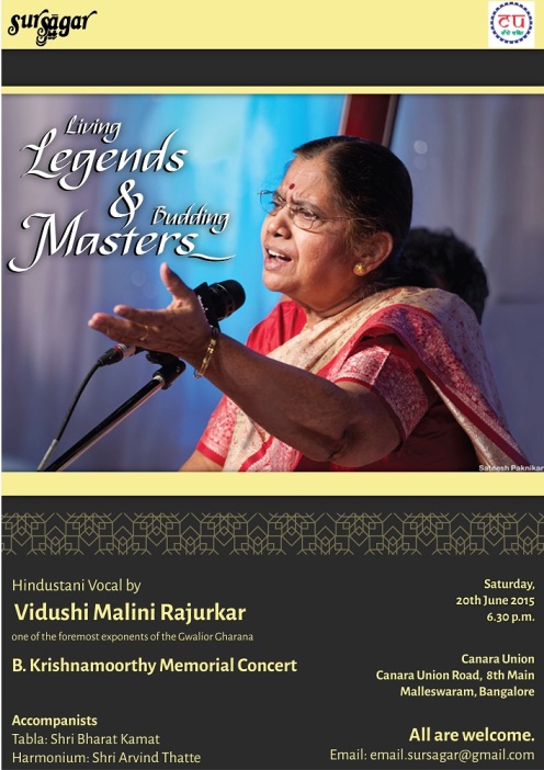 Living Legends and Budding Masters  - Hindustani Vocal by Vidushi. Malini Rajurkar organized by Sur Sagar at Bangalore